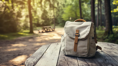 A vintage-style backpack rests on a wooden table in a serene forest. The soft light filters through the trees, creating a calming atmosphere perfect for outdoor enthusiasts.の素材