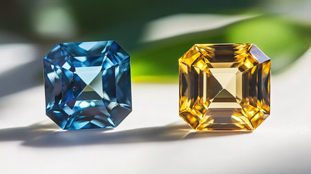 This captivating image features exquisite blue and yellow gemstones, each cut in an octagonal shape. The gems reflect vibrant colors under soft natural light, set against a blurred green backdrop. Perfect for showcasing luxury and elegance in various design projects.の素材