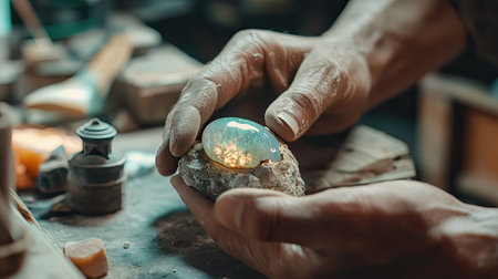 An artisan carefully holds a stunning opal stone in a workshop, showcasing the intricate details and natural beauty of the gemstone. The environment presents a warm and creative setting, emphasizing craftsmanship and dedication.の素材