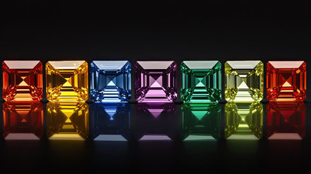 This striking image features an array of colorful gemstones arranged in a row, showcasing their reflections on a dark background. The vivid hues and brilliant cuts create an eye-catching display perfect for themes of elegance and luxury.の素材