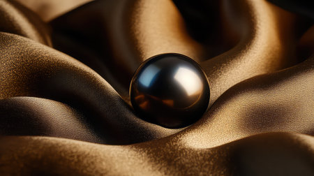 A stunning black pearl elegantly placed on soft brown satin fabric, showcasing its shine and smooth texture, perfect for luxurious-themed projects.の素材