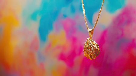 A stunning gold pendant necklace featuring an intricate design, suspended gracefully against a vibrant, colorful abstract background, highlighting elegance and luxury.の素材