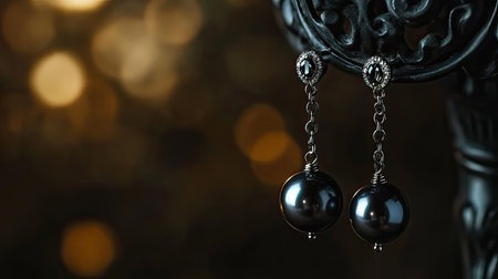 This stunning image features elegant black pearl earrings with silver accents, beautifully suspended against a soft, blurred bokeh background, highlighting their intricate design.の素材