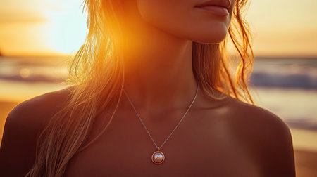 A captivating close-up portrait of a woman wearing a necklace during sunset on a beach, radiating tranquility and beauty, with soft waves in the background.の素材