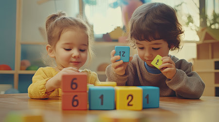 Two cheerful young children engage in a playful educational activity with colorful building blocks, inspiring creativity and learning in a bright classroom.の素材