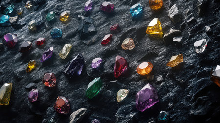 Discover a stunning variety of colorful gems scattered across a dark textured surface, ideal for themes of luxury and elegance in jewelry design.の素材