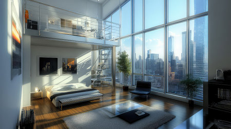 Bright and airy modern loft featuring a stylish interior, large windows, and a stunning city skyline view. Ideal for urban living inspiration.の素材
