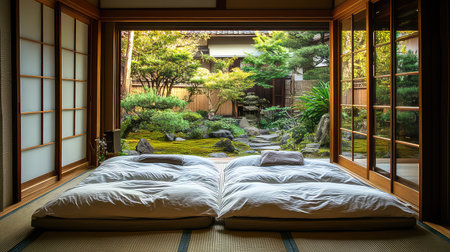 A serene Japanese room featuring traditional tatami flooring and cozy futons, offering a tranquil view of a beautifully landscaped Zen garden.の素材