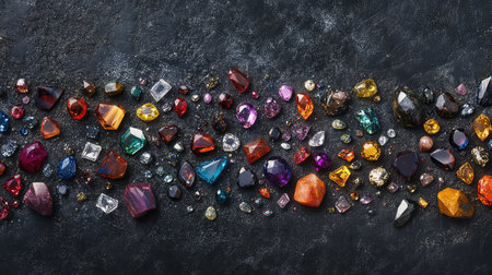A stunning array of colorful gemstones and crystals displayed on a dark background, perfect for jewelry design or decorative themes.の素材
