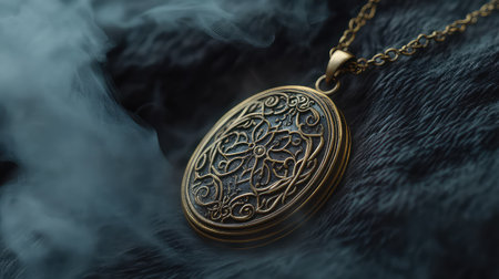 This stunning vintage locket pendant showcases intricate designs and detailed craftsmanship, enveloped in a dreamy atmosphere of ethereal smoke.の素材