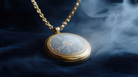 This image showcases an elegant vintage locket pendant with intricate designs resting against a soft smoky background, exuding luxury and charm.の素材