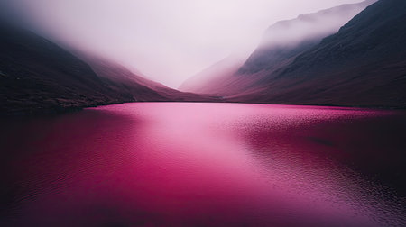 Experience the serene beauty of a pink lake nestled between majestic mountains, shrouded in soft fog, creating an ethereal atmosphere in nature.の素材