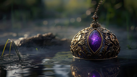 A beautifully crafted golden pendant featuring a deep purple gem, reflecting on serene water amidst vibrant greenery, capturing elegance and mystery.の素材