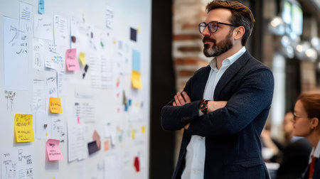 A male professional engages in creative thinking while observing colorful sticky notes on a wall, illustrating brainstorming and strategy in a collaborative modern workspace.の素材