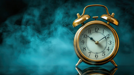 An elegant vintage alarm clock rests against a backdrop of swirling fog, evoking feelings of nostalgia and reflections on the passage of time.の素材