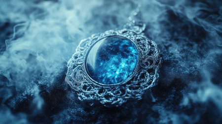 This captivating silver pendant features a stunning blue gemstone surrounded by delicate swirling smoke, evoking a sense of elegance and mystery. Perfect for jewelry lovers.の素材