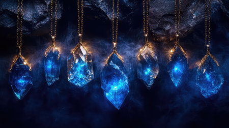 Captivating image of blue crystals suspended from gold chains, highlighting intricate details and vibrant colors against a dark backdrop. Ideal for jewelry themes.の素材