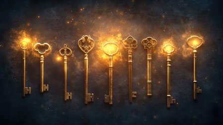 A collection of vintage golden keys adorned with sparkling dust against a dark background, perfect for creative projects, illustrations, and concept designs.の素材