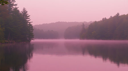 A tranquil lake surrounded by lush trees reflects a soft pink hue at dawn, enveloped in mist and fog, creating a serene and peaceful atmosphere.の素材