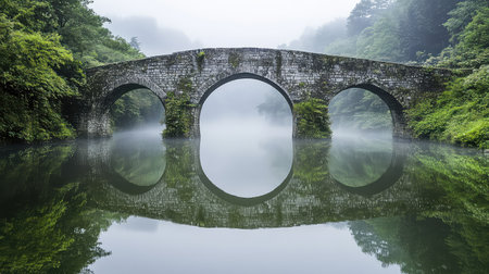 This image showcases a serene stone bridge arching over misty waters, perfectly reflecting its structure amidst lush greenery, evoking tranquility and peace.の素材