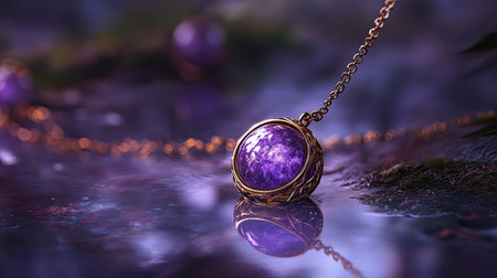 This stunning amethyst pendant necklace features intricate gold detailing, creating a captivating visual against a serene water backdrop. Its vibrant color and sparkle evoke a sense of elegance and mystique.の素材