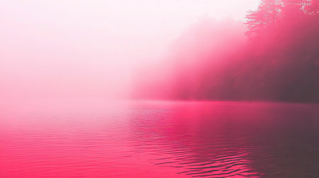 A tranquil scene depicting a misty landscape with pink hues blanketing the calm water, creating a serene and dreamy atmosphere at dawn.の素材