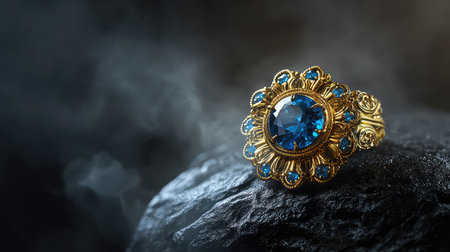 A stunning golden ring featuring a large blue gemstone surrounded by smaller blue accents, set against a dark textured surface with soft smoke, creating an enchanting atmosphere.の素材