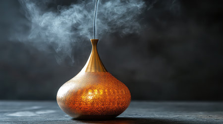 This image features an elegant decorative lamp with a striking design, emitting warm light and beautiful swirling smoke, ideal for creating a soothing and tranquil environment.の素材
