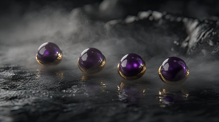 This image features elegant purple gemstones with gold accents arranged on a dark reflective surface. The surrounding mist adds a mystical atmosphere.の素材