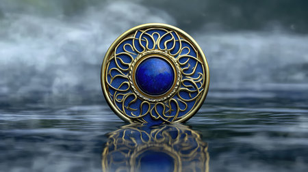 This captivating image showcases a beautifully designed golden pendant featuring a lapis lazuli stone, reflecting serenely on calm water.の素材