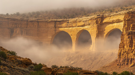 This captivating image features a stunning red rock archway shrouded in morning fog, nestled within a serene desert landscape. The majestic formation emerges as a timeless geological marvel, capturing the essence of adventure and natural beauty.の素材