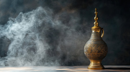 This exquisite brass urn showcases intricate designs and artistry, surrounded by swirling smoke, creating a mysterious and enchanting atmosphere.の素材