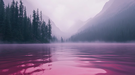A tranquil lake enveloped in misty fog features lush forests and towering mountains under a soft pink twilight sky, creating a serene atmosphere.の素材