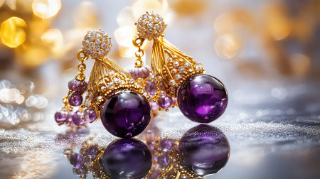 Capture the elegance of these stunning gold earrings featuring vibrant amethyst gemstones and sparkling beads on a shimmering reflective surface, perfect for any occasion.の素材