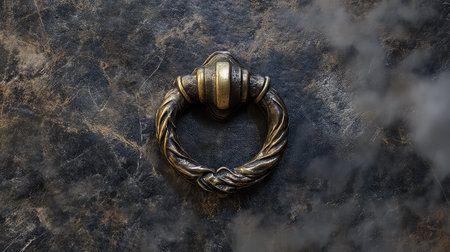 This captivating vintage door knocker features intricate detailing set against a rustic backdrop, highlighting its timeless elegance and rich history.の素材