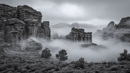 An enchanting view of ancient ruins enveloped in fog, showcasing stunning rocky formations that create a serene yet dramatic atmosphere in black and white.の素材