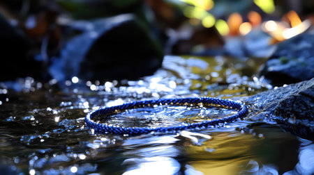A beautiful blue jewelry piece rests on smooth stones in a serene stream, capturing sunlight and reflecting the vibrant hues of nature's landscape.の素材