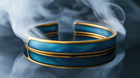 This stunning blue cuff bracelet with gold accents is enveloped in ethereal smoke, offering a captivating composition that exudes elegance and sophistication.の素材
