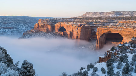 Stunning view of red rock formations enveloped in morning fog, showcasing the beauty of a serene desert landscape during winter.の素材