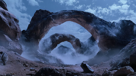 Explore a stunning landscape showcasing majestic rock formations under a night sky filled with ethereal clouds and enveloping mist, creating a mystical atmosphere.の素材