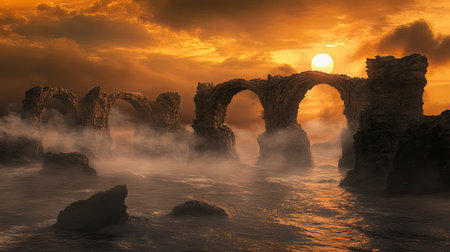 This captivating scene showcases ancient stone arches against a dramatic sunset, with mystical fog weaving through the rocks, creating an ethereal atmosphere.の素材