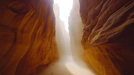 This image captures a tranquil canyon pathway showcasing stunning warm rock formations with soft light filtering through, creating a serene atmosphere.の素材