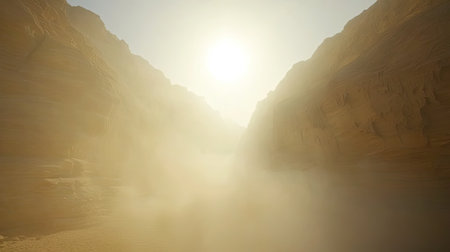 This stunning image captures a misty canyon at sunrise, showcasing soft light filtering through dramatic rock formations, evoking a sense of tranquility.の素材