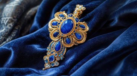 A stunning vintage brooch featuring blue gemstones set in an intricate gold design, elegantly displayed on luxurious velvet fabric, ideal for fashion enthusiasts.の素材
