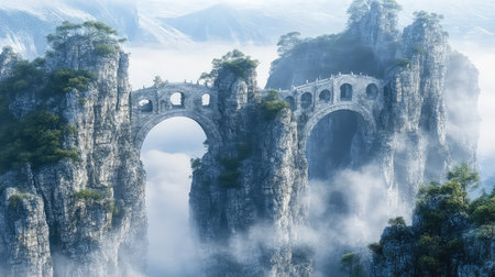 Discover stunning stone bridges that rise above majestic cliffs, cloaked in a mystical fog. This serene landscape captures the beauty of nature and adventurous spirit.の素材