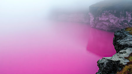 A stunning landscape showcases a mist-covered rocky cliff reflecting vibrant pink water, creating a tranquil and surreal atmosphere that captivates viewers.の素材