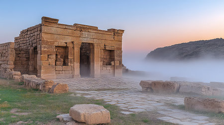 A captivating ancient stone structure emerges from the mist at dawn, creating a serene atmosphere with a blend of soft colors and tranquil surroundings.の素材