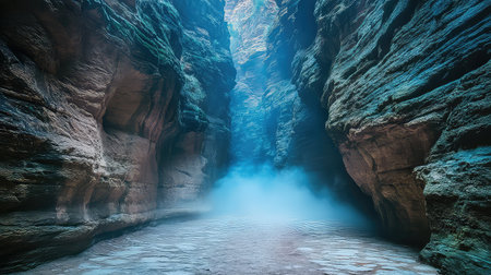 Experience a breathtaking view of a majestic canyon filled with mist and reflections. The serene atmosphere created by towering rock formations invites exploration and adventure.の素材