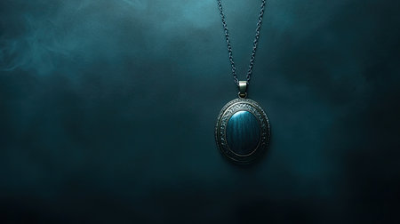 This stunning image features an elegant silver necklace adorned with a blue gemstone pendant, set against a dark background with swirling smoke, creating a mysterious and atmospheric feel.の素材
