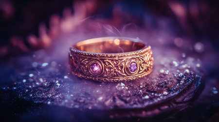 This stunning image features an intricately designed golden ring embellished with purple gemstones, resting on a mystical surface. Soft smoke and sparkling crystals enhance the enchanting atmosphere.の素材